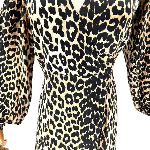 Ganni Silk Leopard Print Long Sleeve V-Neck Wrap Maxi Dress